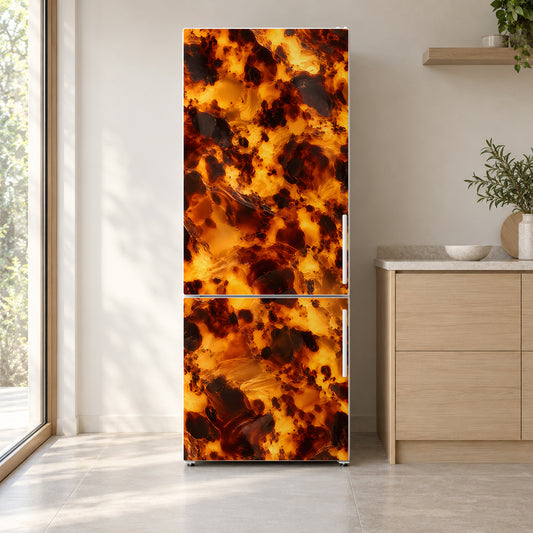 Tortoiseshell fridge wrap on a white refrigerator in a bright kitchen