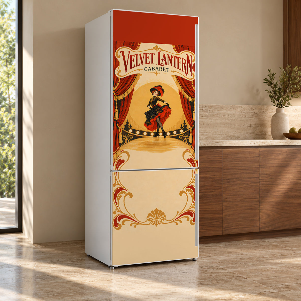 Toulouse-Lautrec-Inspired Cabaret Poster fridge wrap, refrigerator shown at an angle