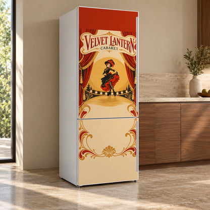 Toulouse-Lautrec-Inspired Cabaret Poster fridge wrap, refrigerator shown at an angle