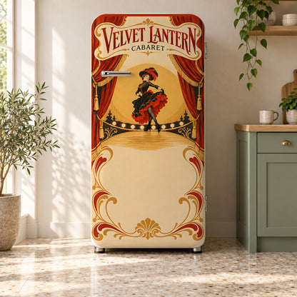 Toulouse-Lautrec-Inspired Cabaret Poster fridge wrap on a retro refrigerator