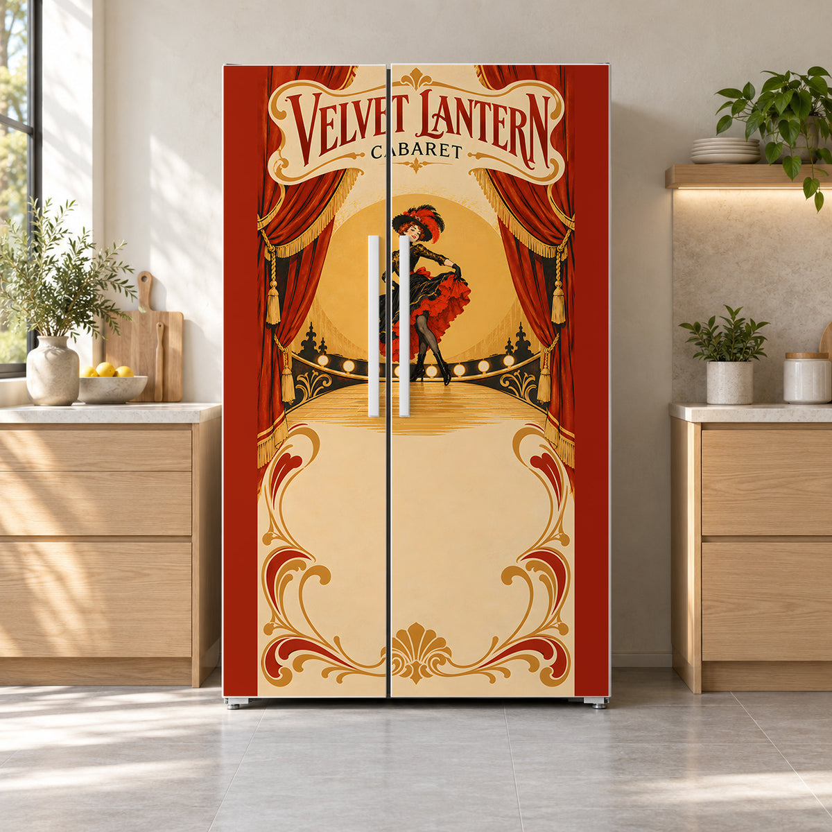 Toulouse-Lautrec-Inspired Cabaret Poster fridge wrap on a side-by-side refrigerator