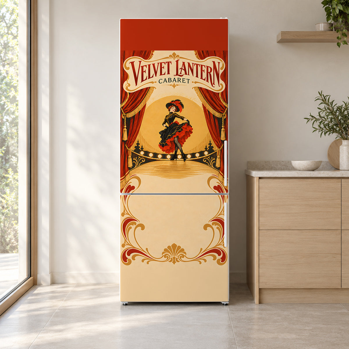 Toulouse-Lautrec-Inspired Cabaret Poster fridge wrap on a white refrigerator in a bright kitchen