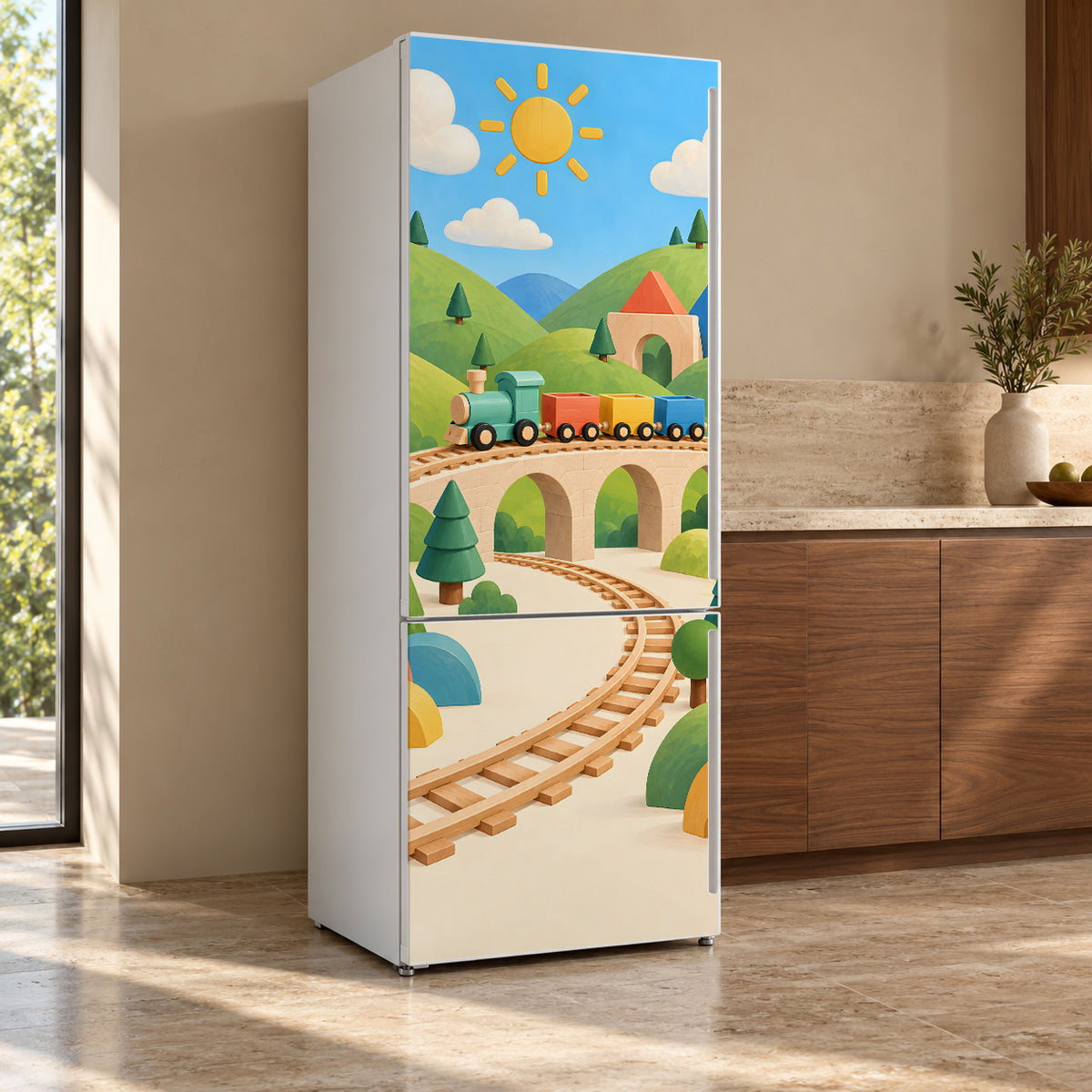 Toy Trains fridge wrap, refrigerator shown at an angle