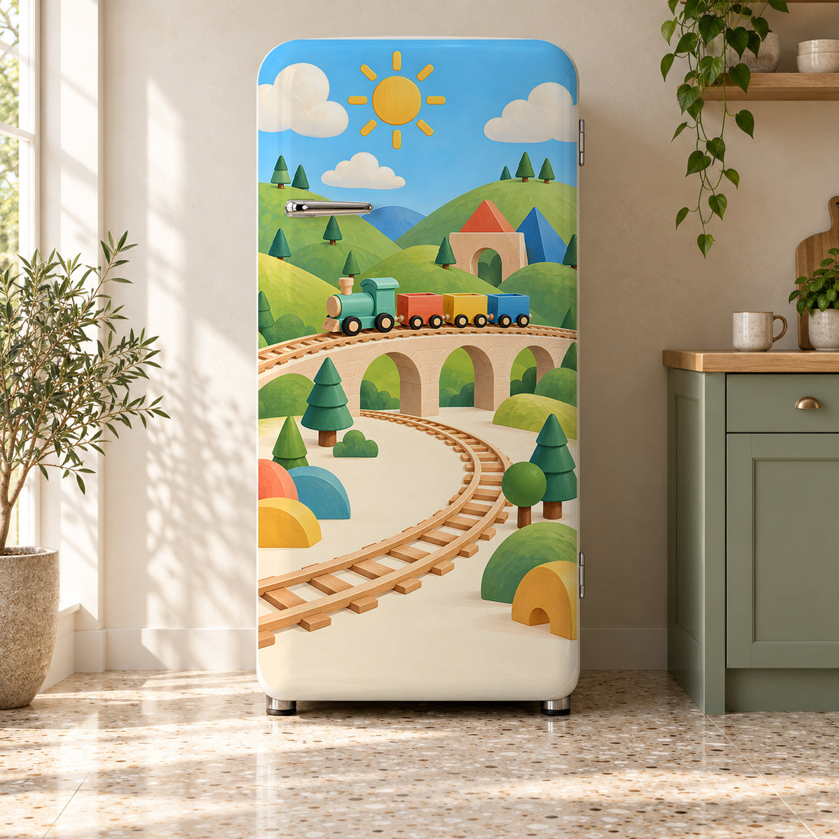 Toy Trains fridge wrap on a retro refrigerator