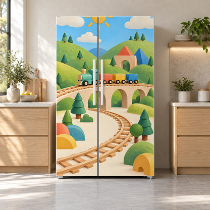 Toy Trains fridge wrap on a side-by-side refrigerator