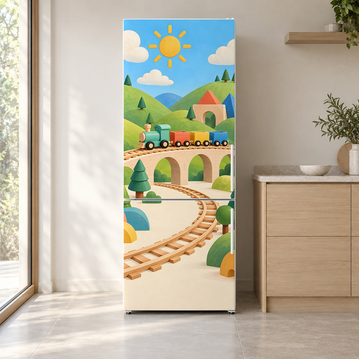Toy Trains fridge wrap on a white refrigerator in a bright kitchen