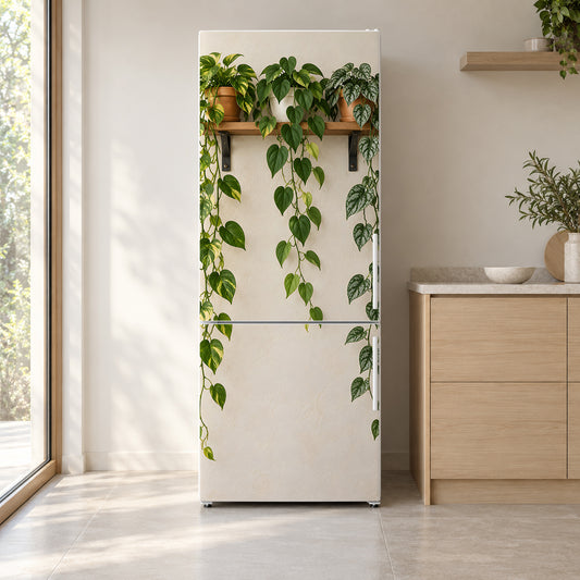 Trailing Houseplant Shelf fridge wrap on a white refrigerator in a bright kitchen