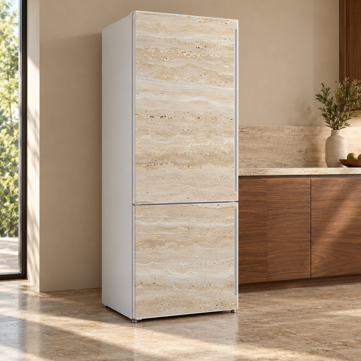 Travertine fridge wrap, refrigerator shown at an angle