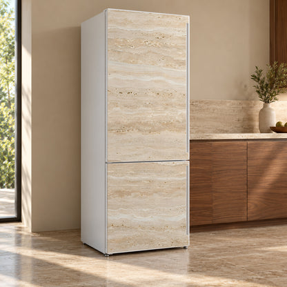 Travertine fridge wrap, refrigerator shown at an angle