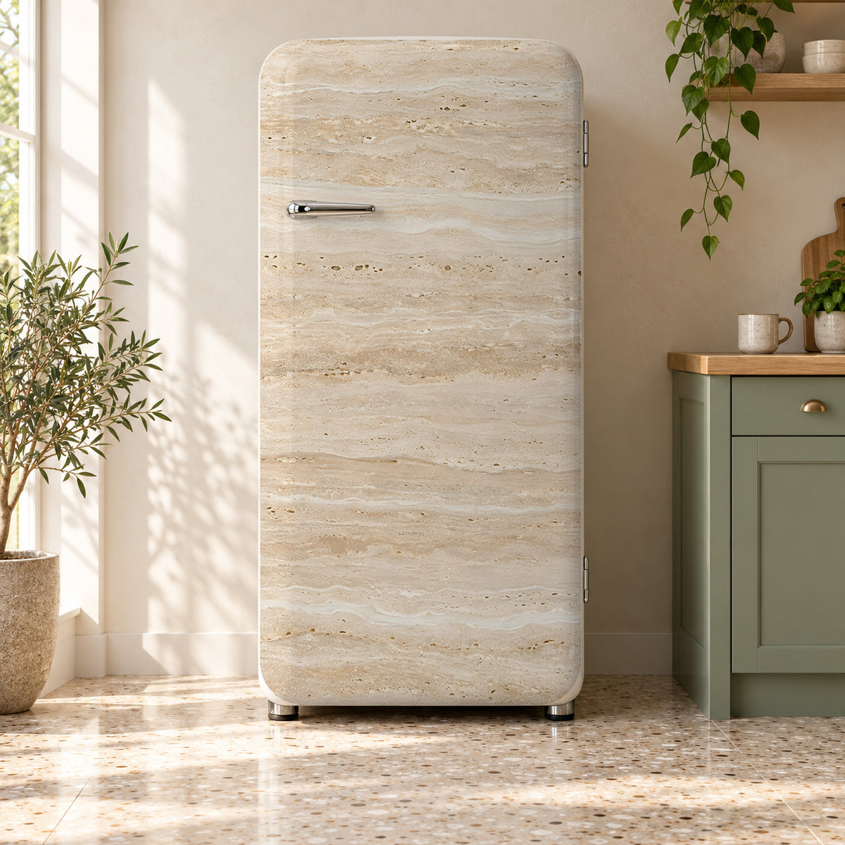 Travertine fridge wrap on a retro refrigerator