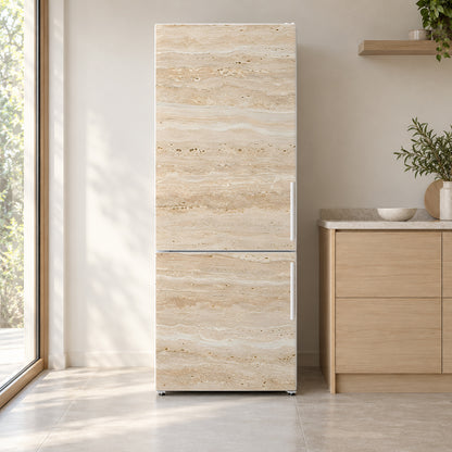 Travertine fridge wrap on a white refrigerator in a bright kitchen