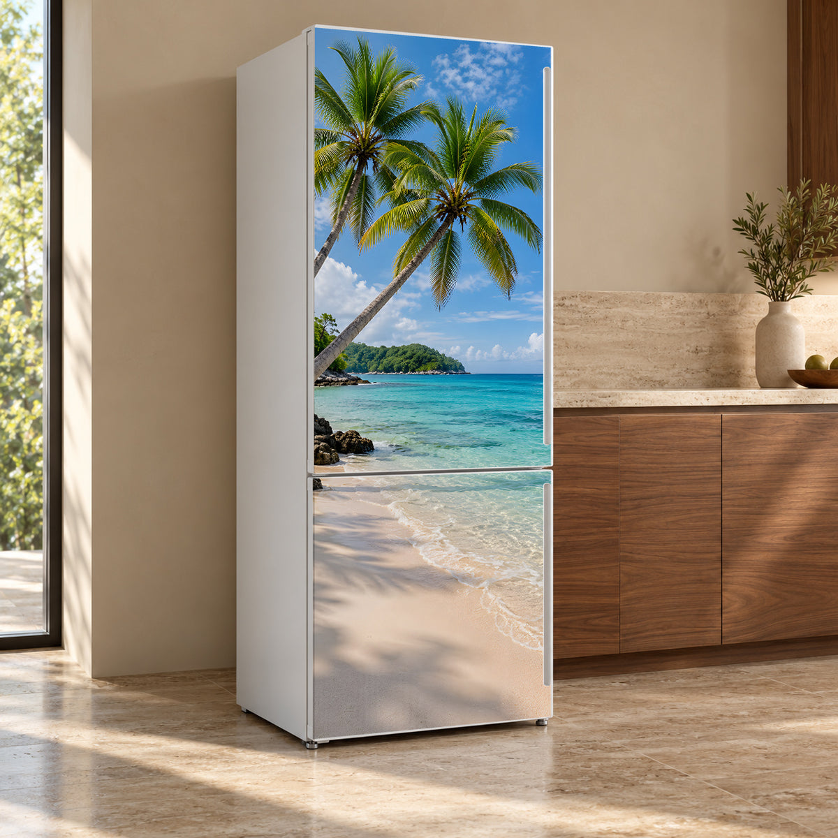 Tropical Beach fridge wrap, refrigerator shown at an angle