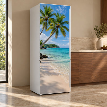 Tropical Beach fridge wrap, refrigerator shown at an angle