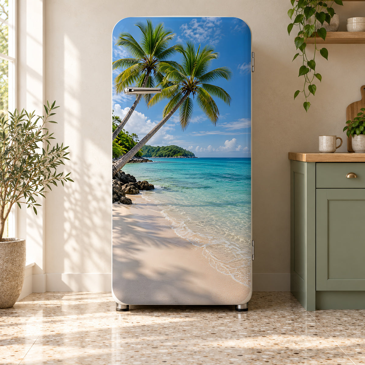 Tropical Beach fridge wrap on a retro refrigerator