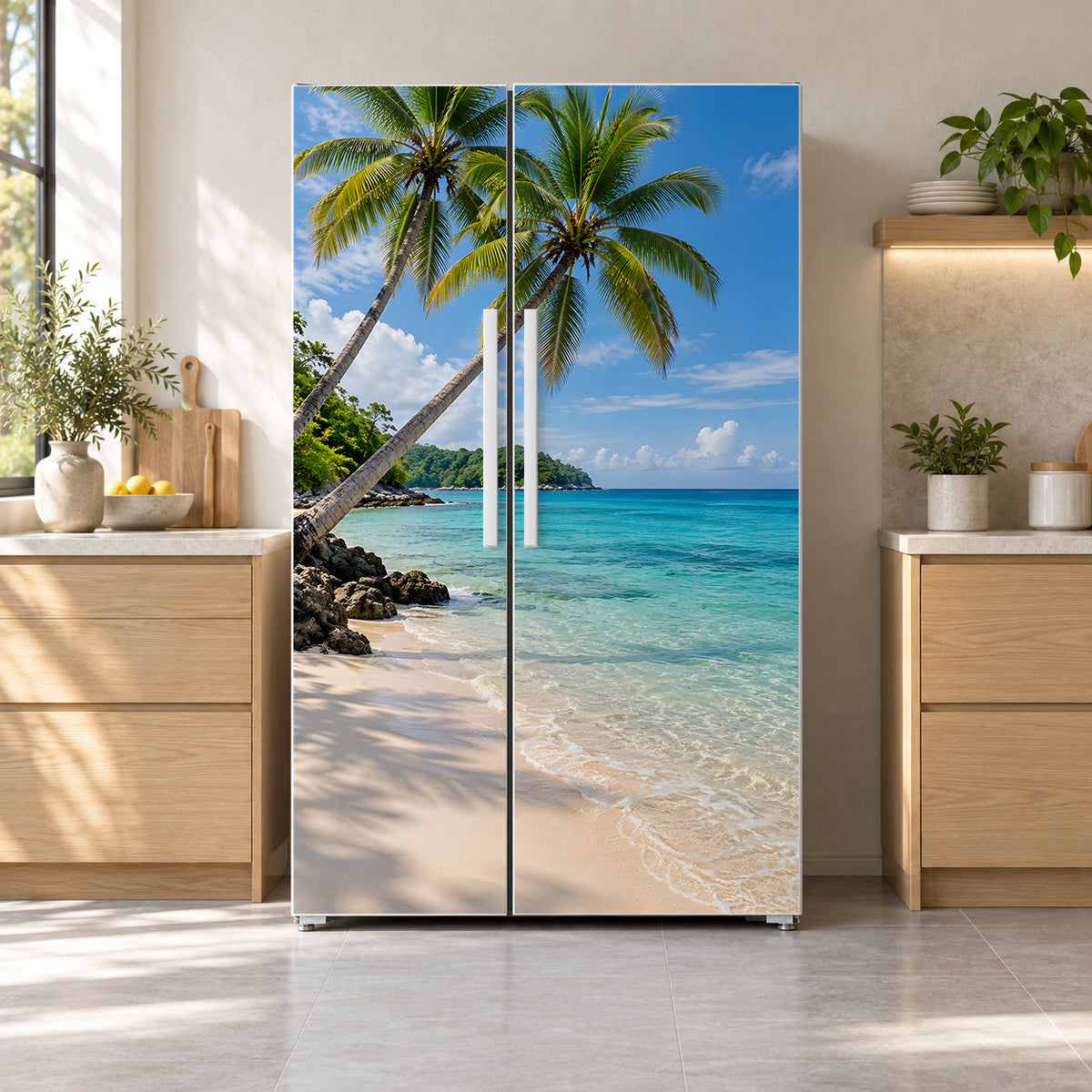 Tropical Beach fridge wrap on a side-by-side refrigerator