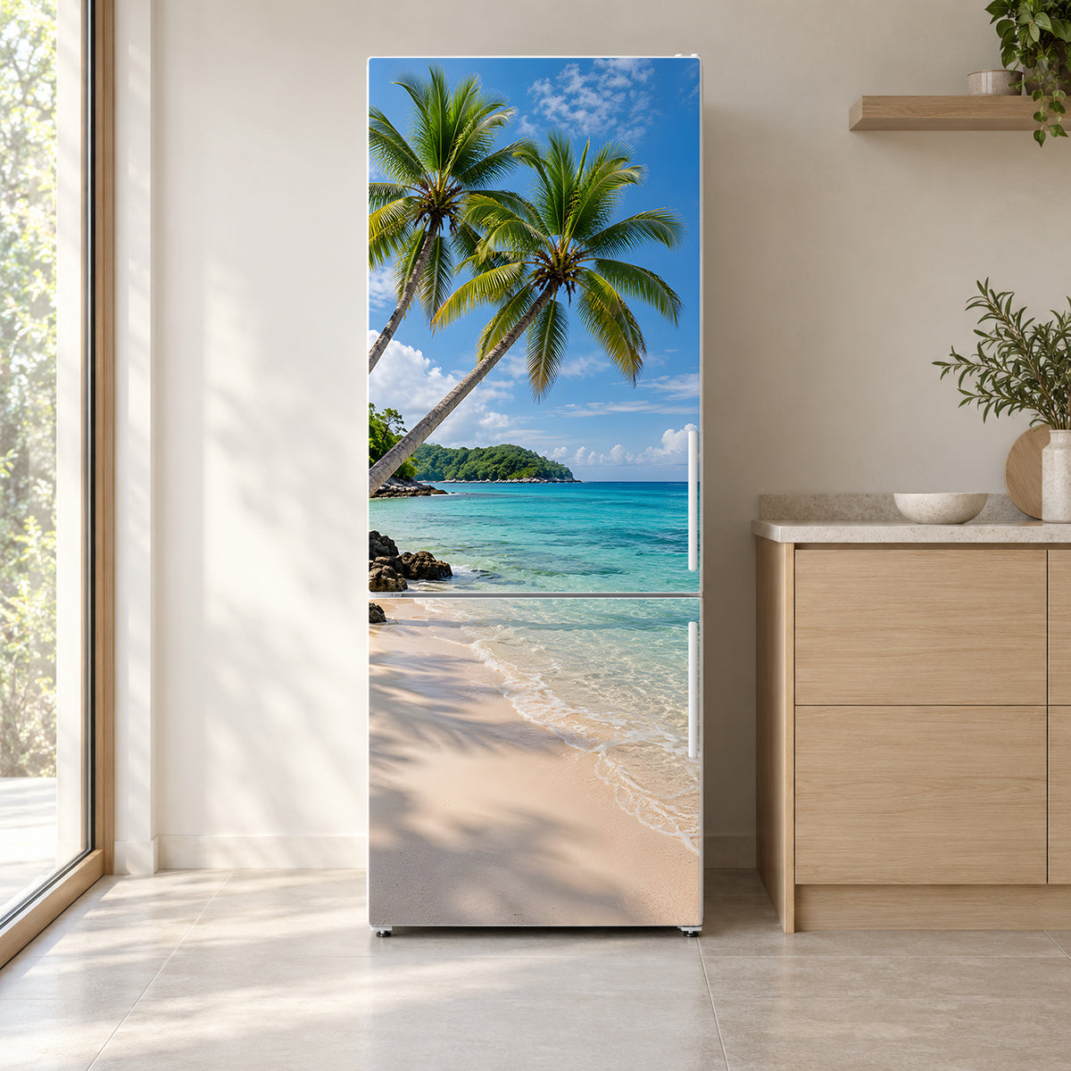 Tropical Beach fridge wrap on a white refrigerator in a bright kitchen