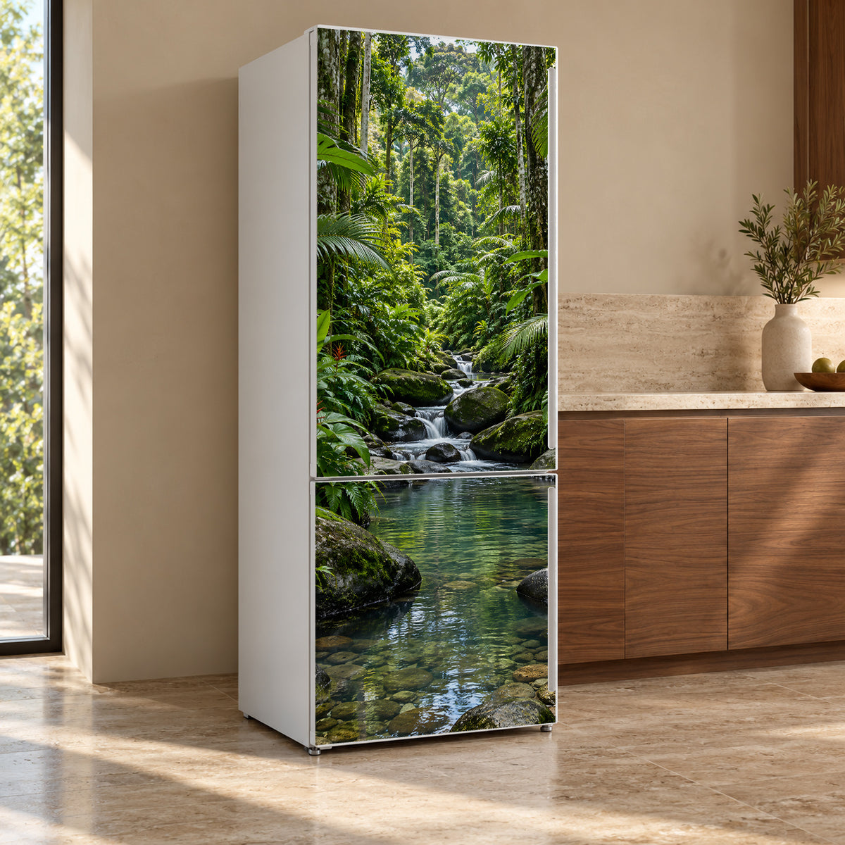 Tropical Jungle Stream fridge wrap, refrigerator shown at an angle