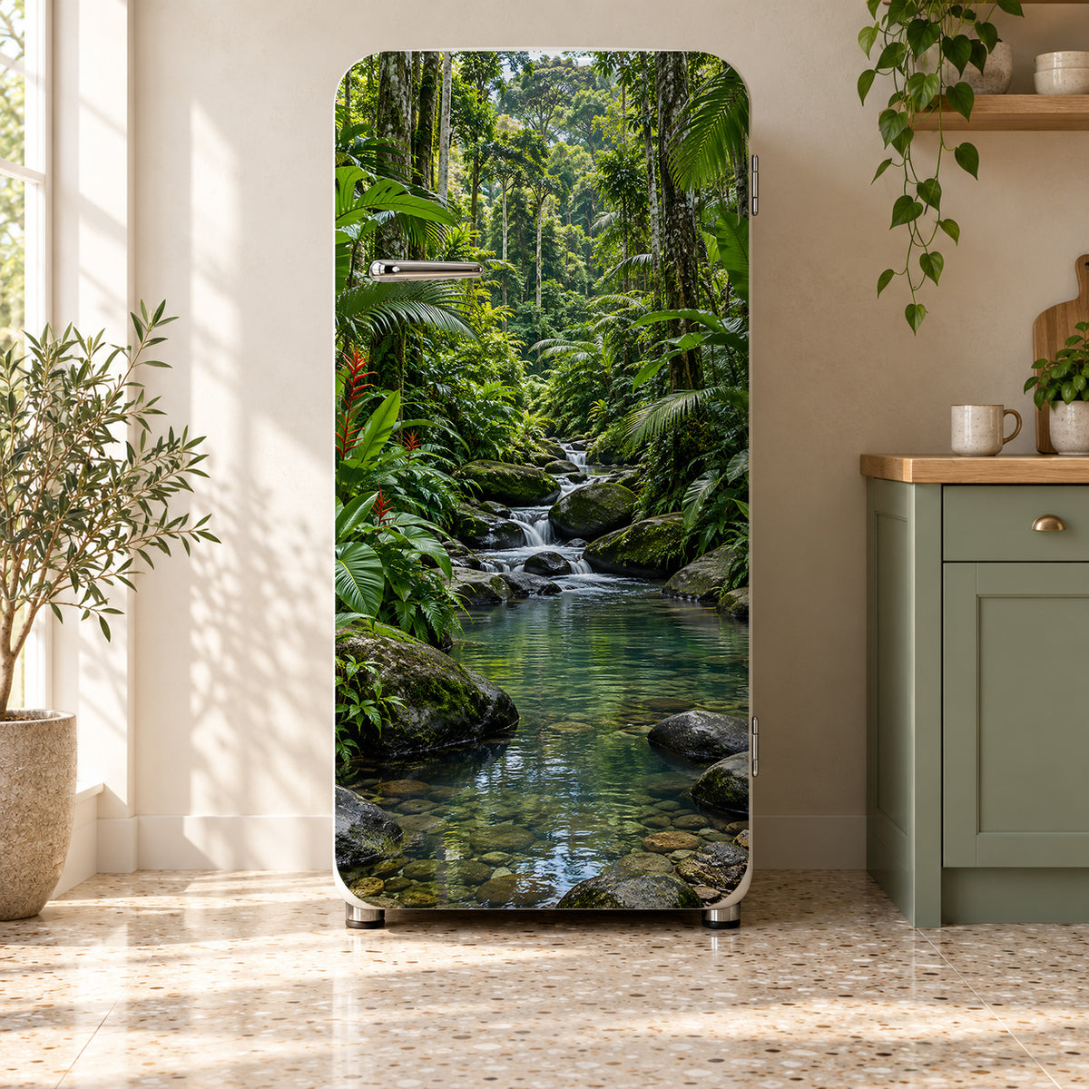 Tropical Jungle Stream fridge wrap on a retro refrigerator