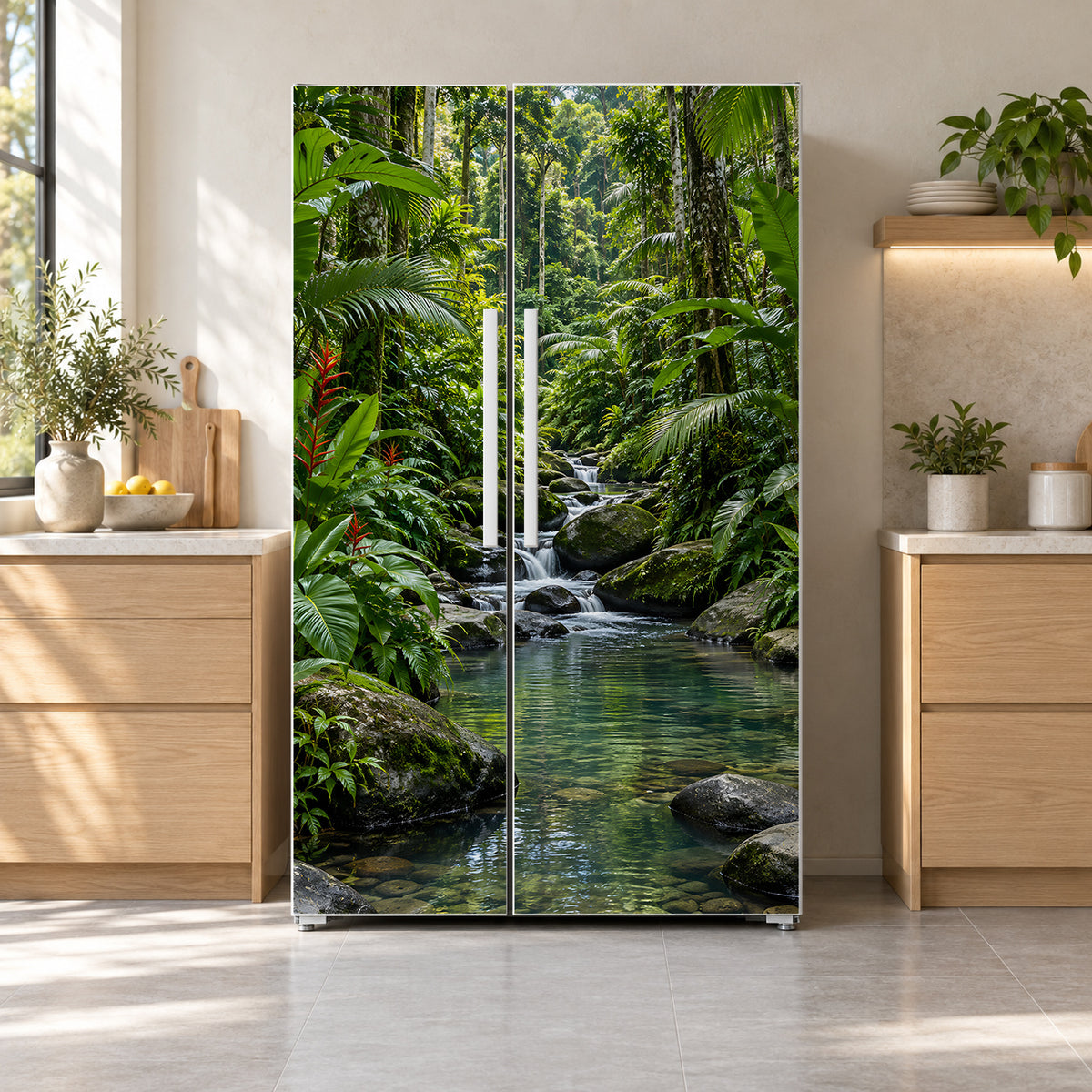 Tropical Jungle Stream fridge wrap on a side-by-side refrigerator
