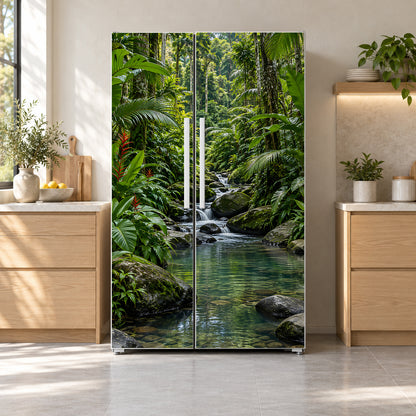 Tropical Jungle Stream fridge wrap on a side-by-side refrigerator