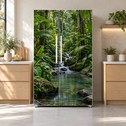 Tropical Jungle Stream fridge wrap on a side-by-side refrigerator