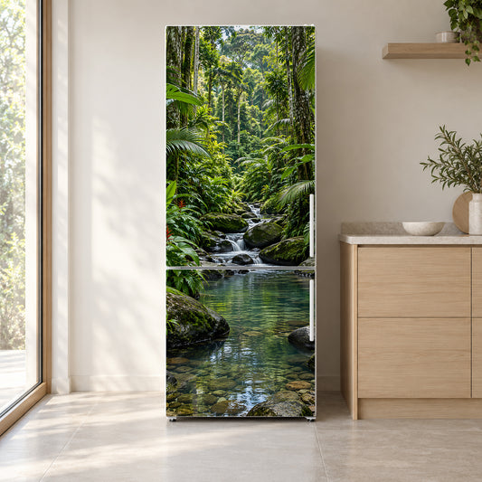 Tropical Jungle Stream fridge wrap on a white refrigerator in a bright kitchen