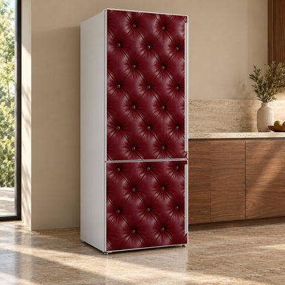 Tufted Burgundy Leather fridge wrap, refrigerator shown at an angle