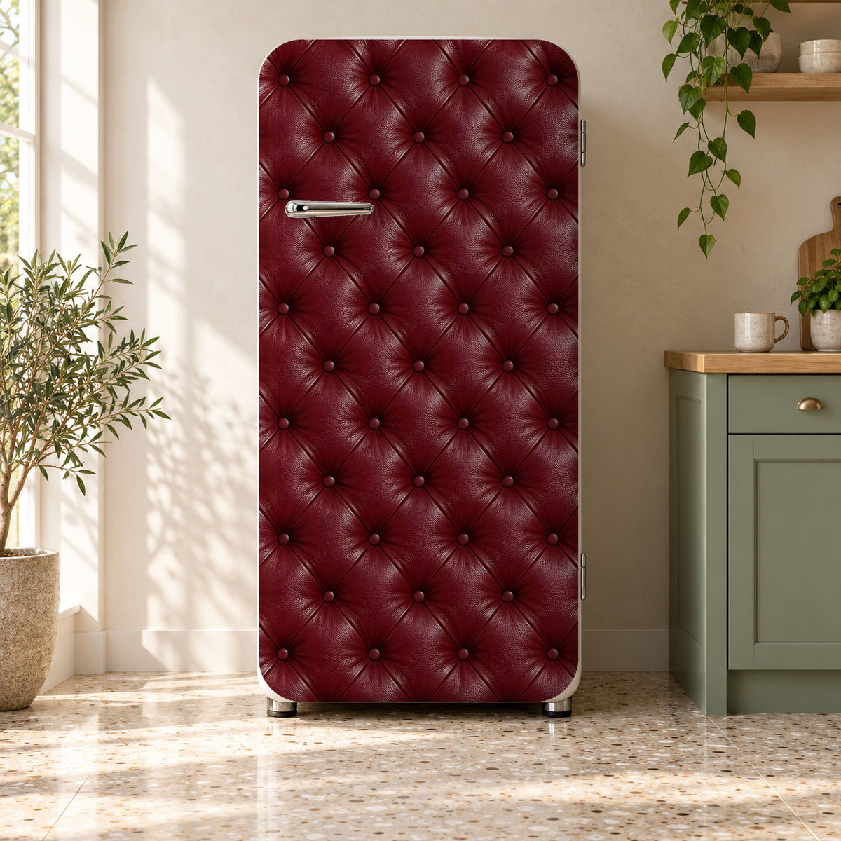 Tufted Burgundy Leather fridge wrap on a retro refrigerator