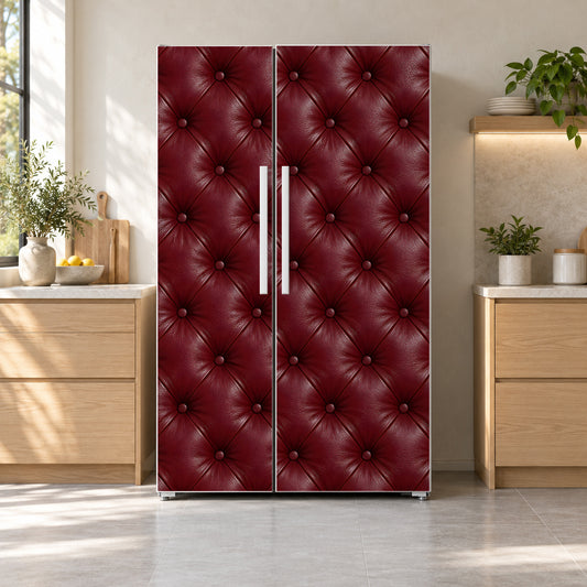 Tufted Burgundy Leather fridge wrap on a side-by-side refrigerator
