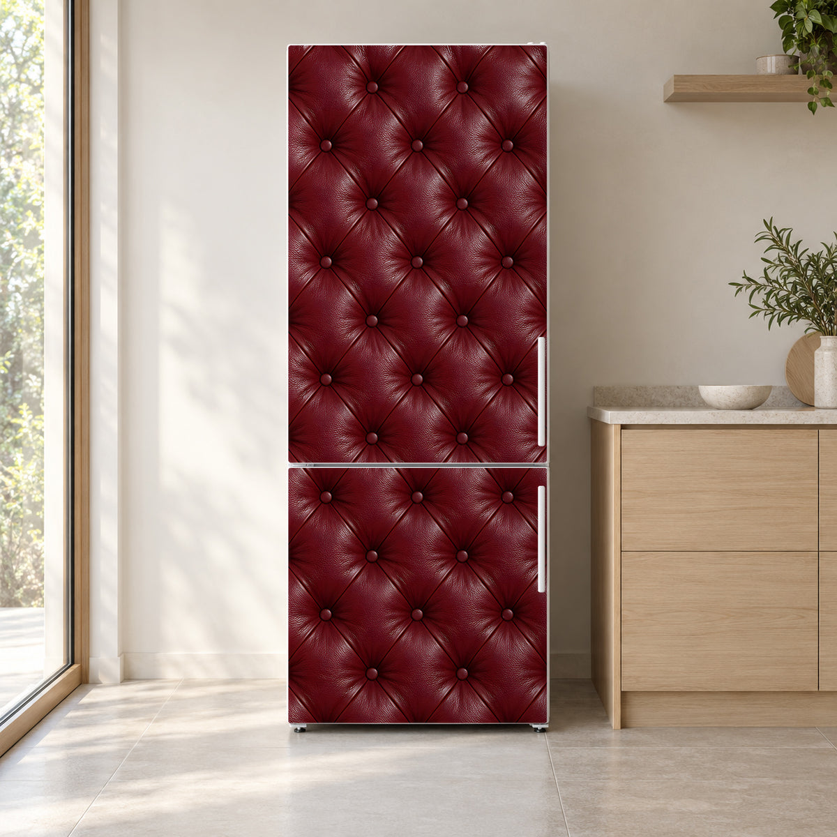 Tufted Burgundy Leather fridge wrap on a white refrigerator in a bright kitchen