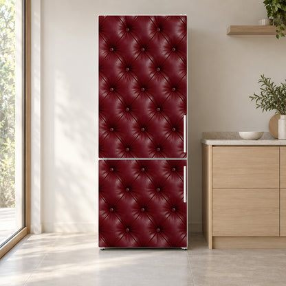 Tufted Burgundy Leather fridge wrap on a white refrigerator in a bright kitchen