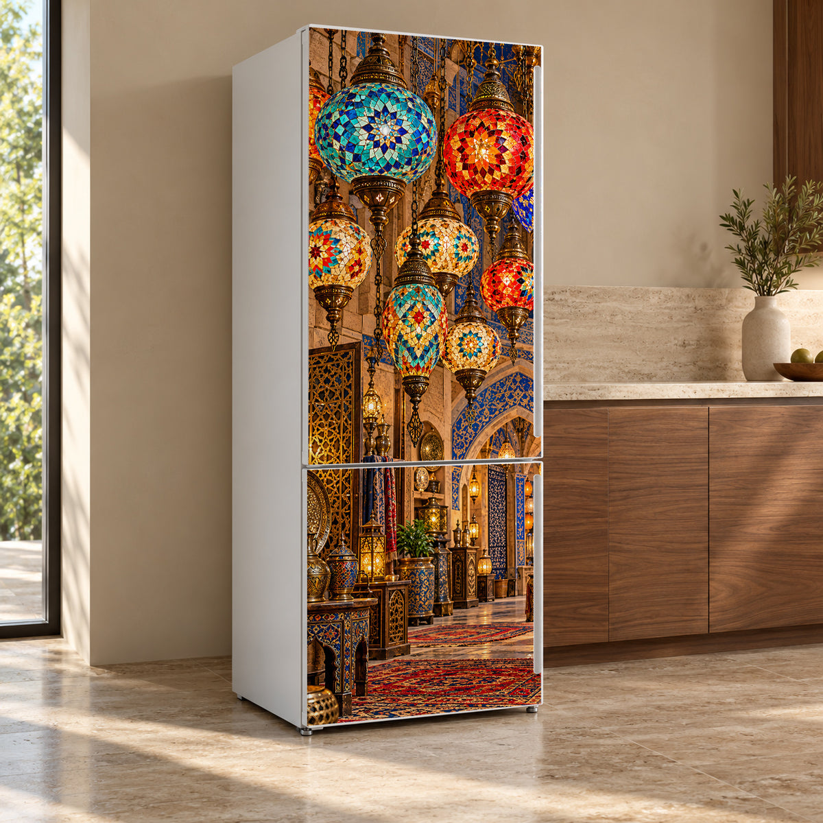 Turkish Mosaic Lamps fridge wrap, refrigerator shown at an angle