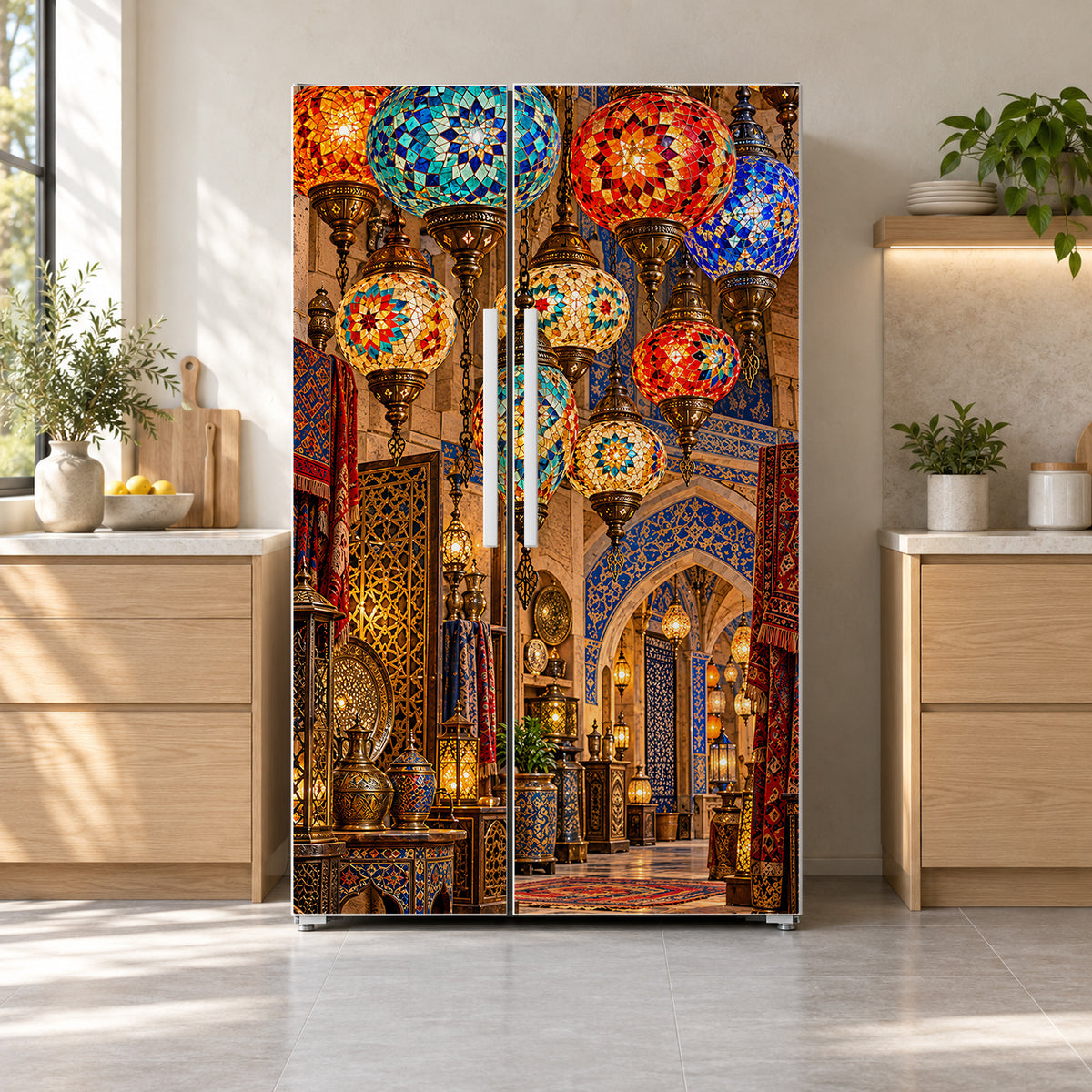 Turkish Mosaic Lamps fridge wrap on a side-by-side refrigerator