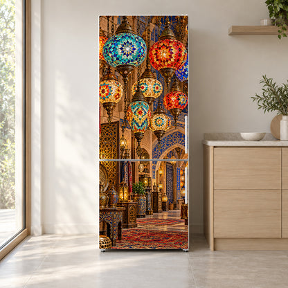 Turkish Mosaic Lamps fridge wrap on a white refrigerator in a bright kitchen