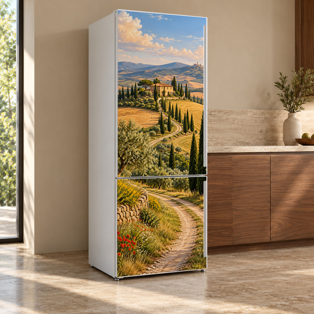 Tuscan Cypress Hills fridge wrap, refrigerator shown at an angle