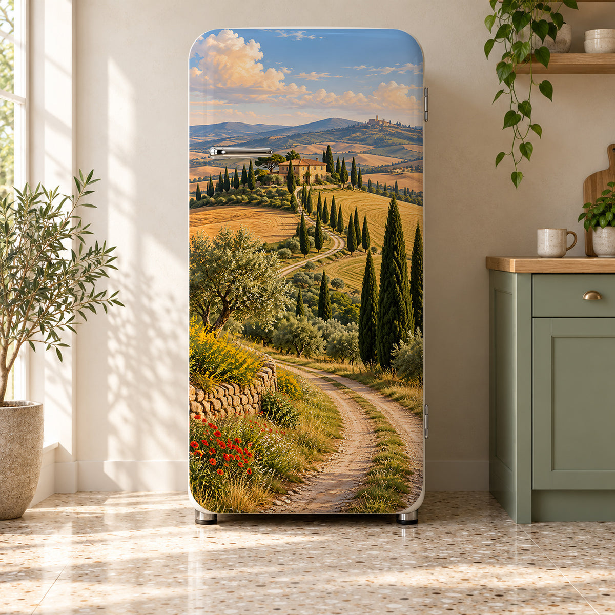 Tuscan Cypress Hills fridge wrap on a retro refrigerator