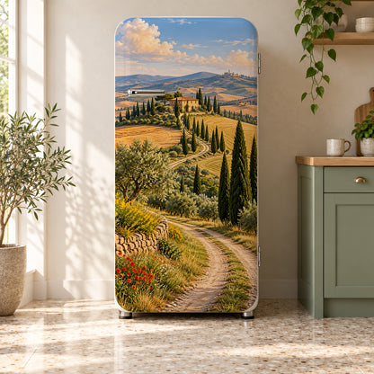 Tuscan Cypress Hills fridge wrap on a retro refrigerator