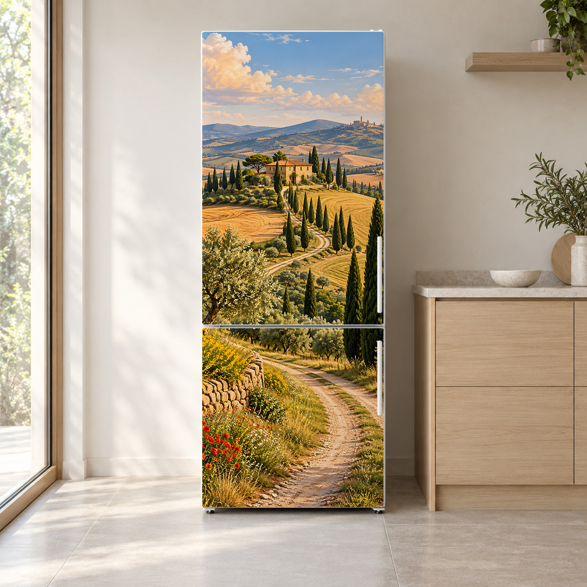 Tuscan Cypress Hills fridge wrap on a white refrigerator in a bright kitchen