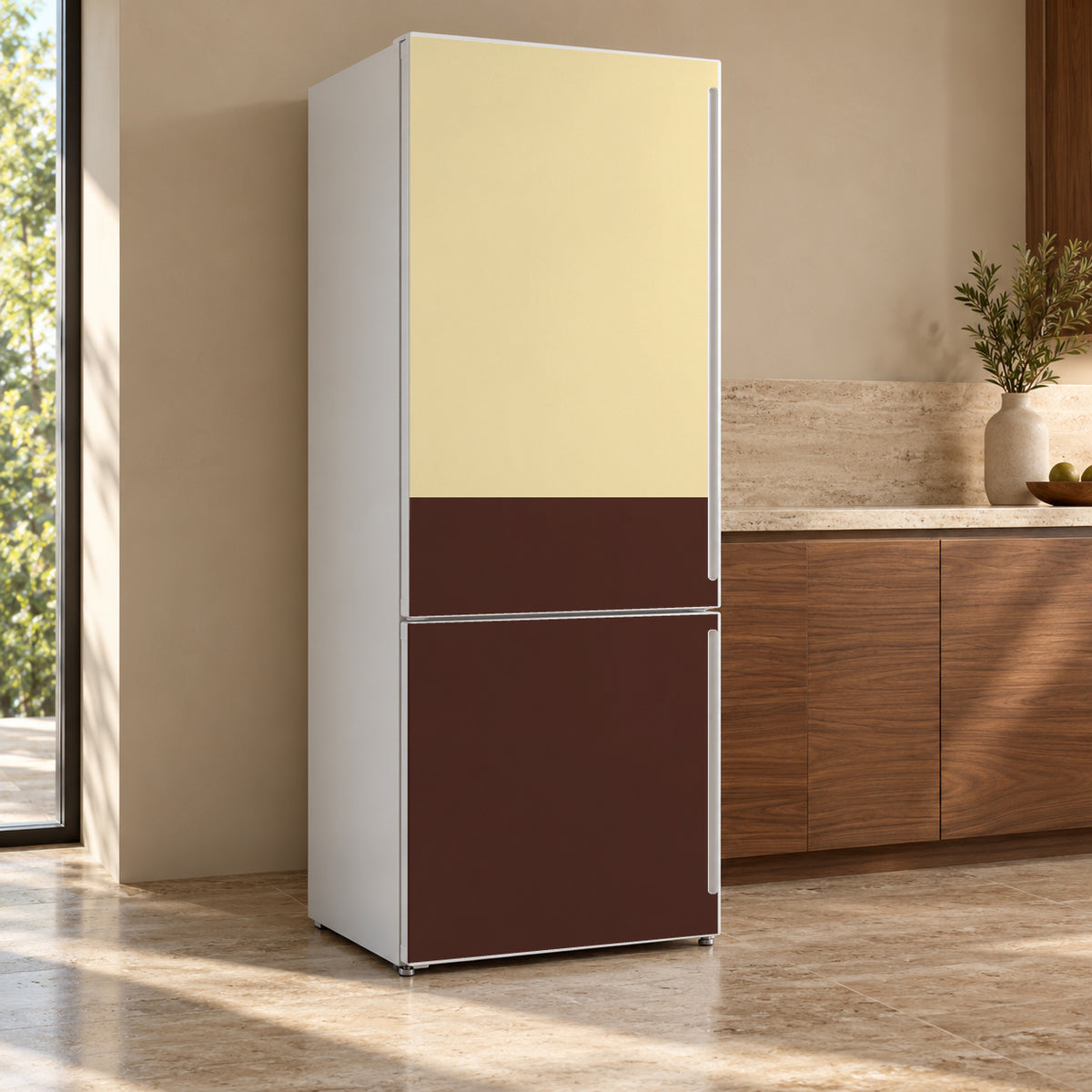 Two-Tone Chocolate & Butter fridge wrap, refrigerator shown at an angle