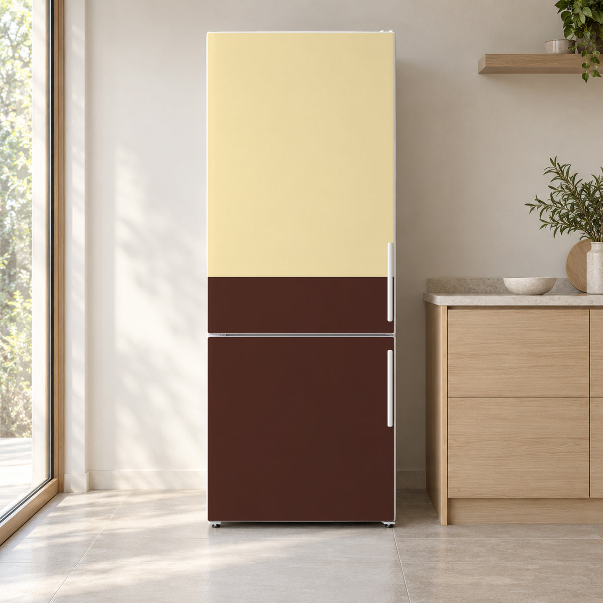 Two-Tone Chocolate & Butter fridge wrap on a white refrigerator in a bright kitchen