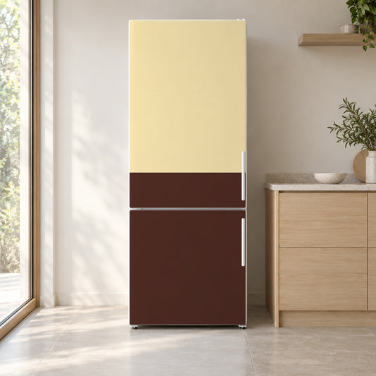 Two-Tone Chocolate & Butter fridge wrap on a white refrigerator in a bright kitchen