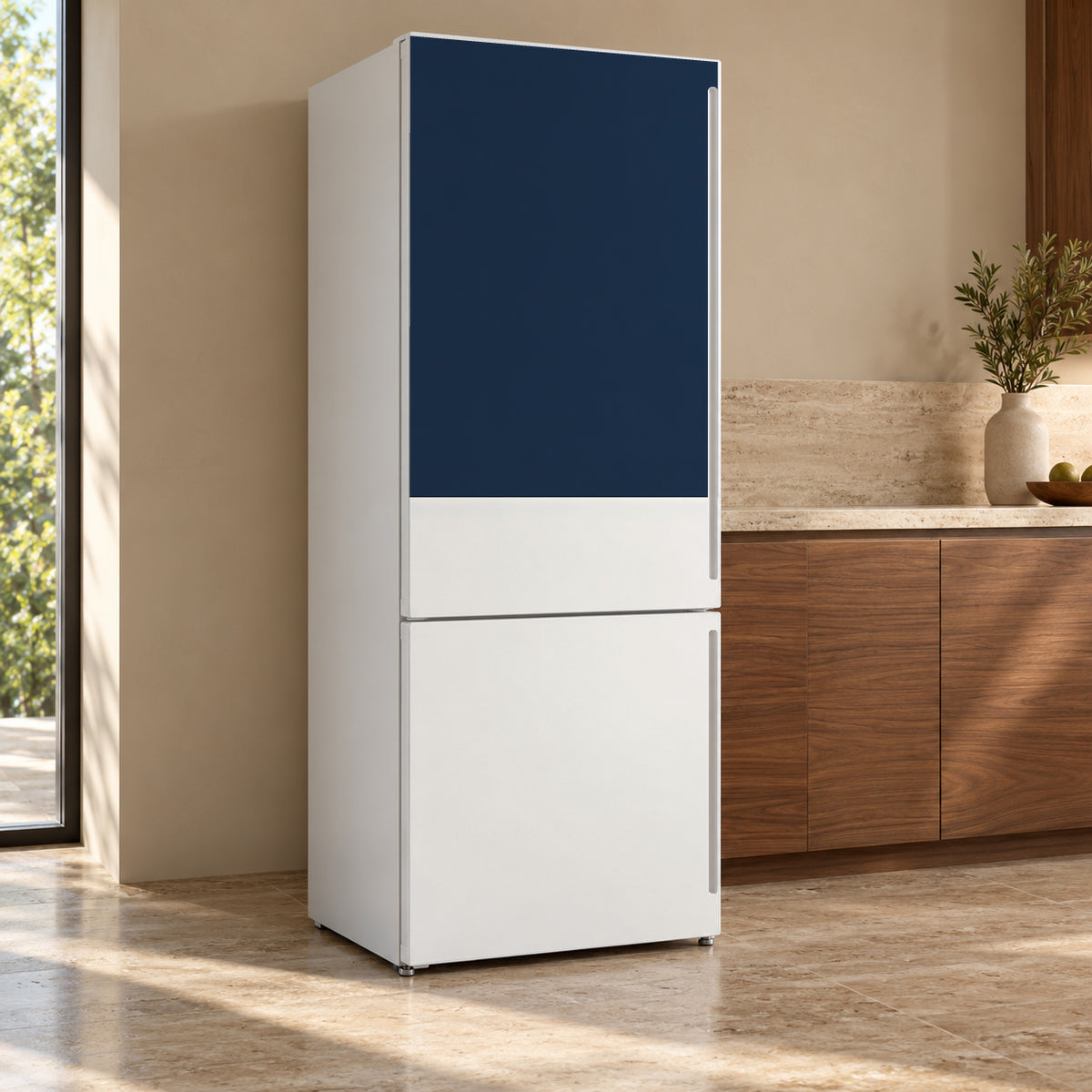 Two-Tone Navy & White fridge wrap, refrigerator shown at an angle