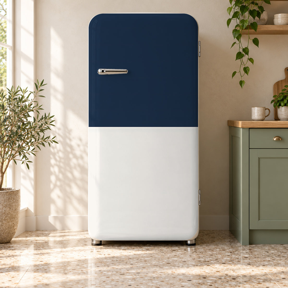 Two-Tone Navy & White fridge wrap on a retro refrigerator