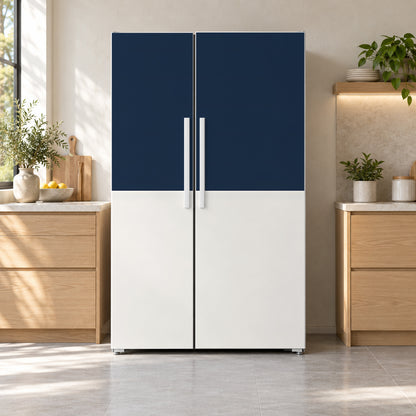 Two-Tone Navy & White fridge wrap on a side-by-side refrigerator