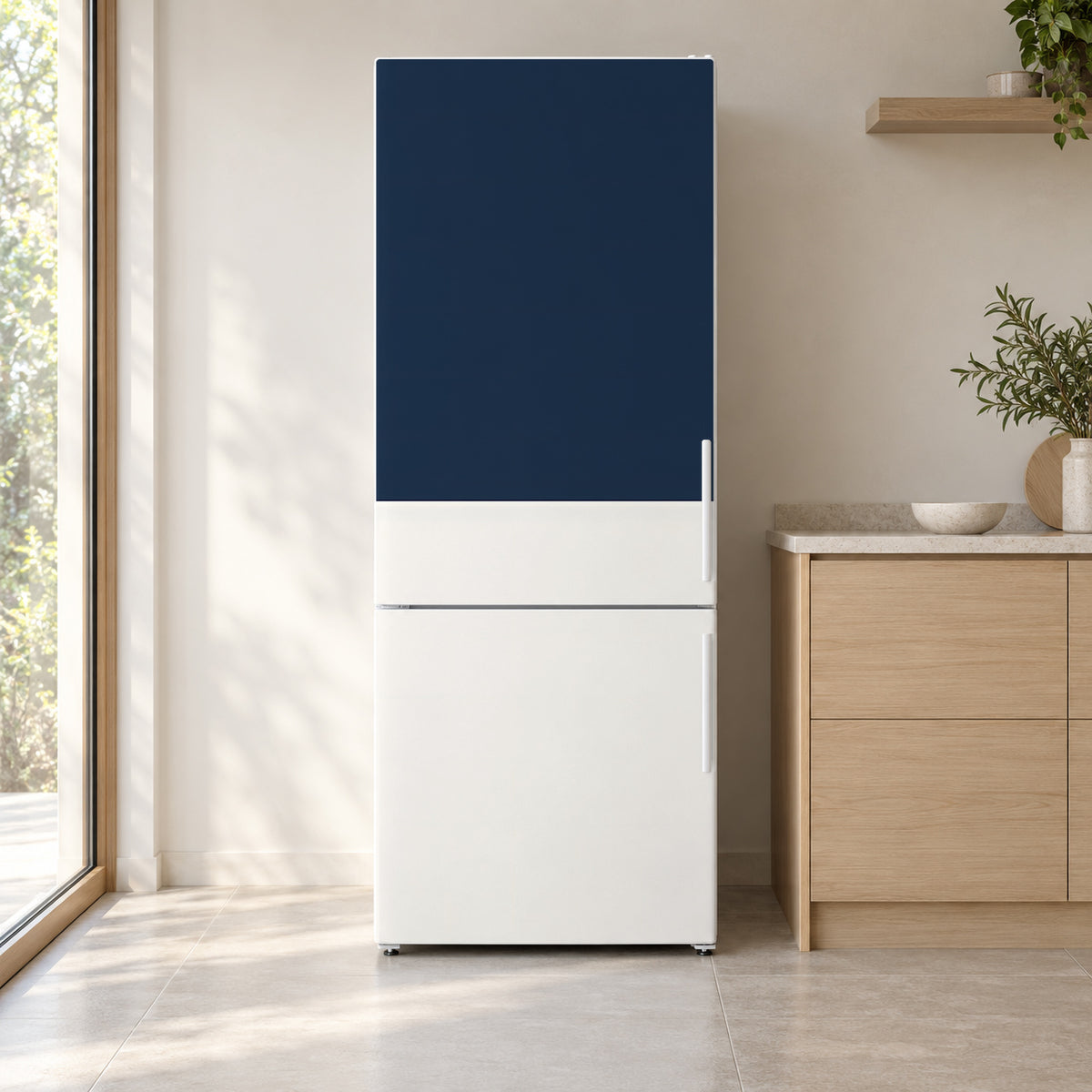 Two-Tone Navy & White fridge wrap on a white refrigerator in a bright kitchen