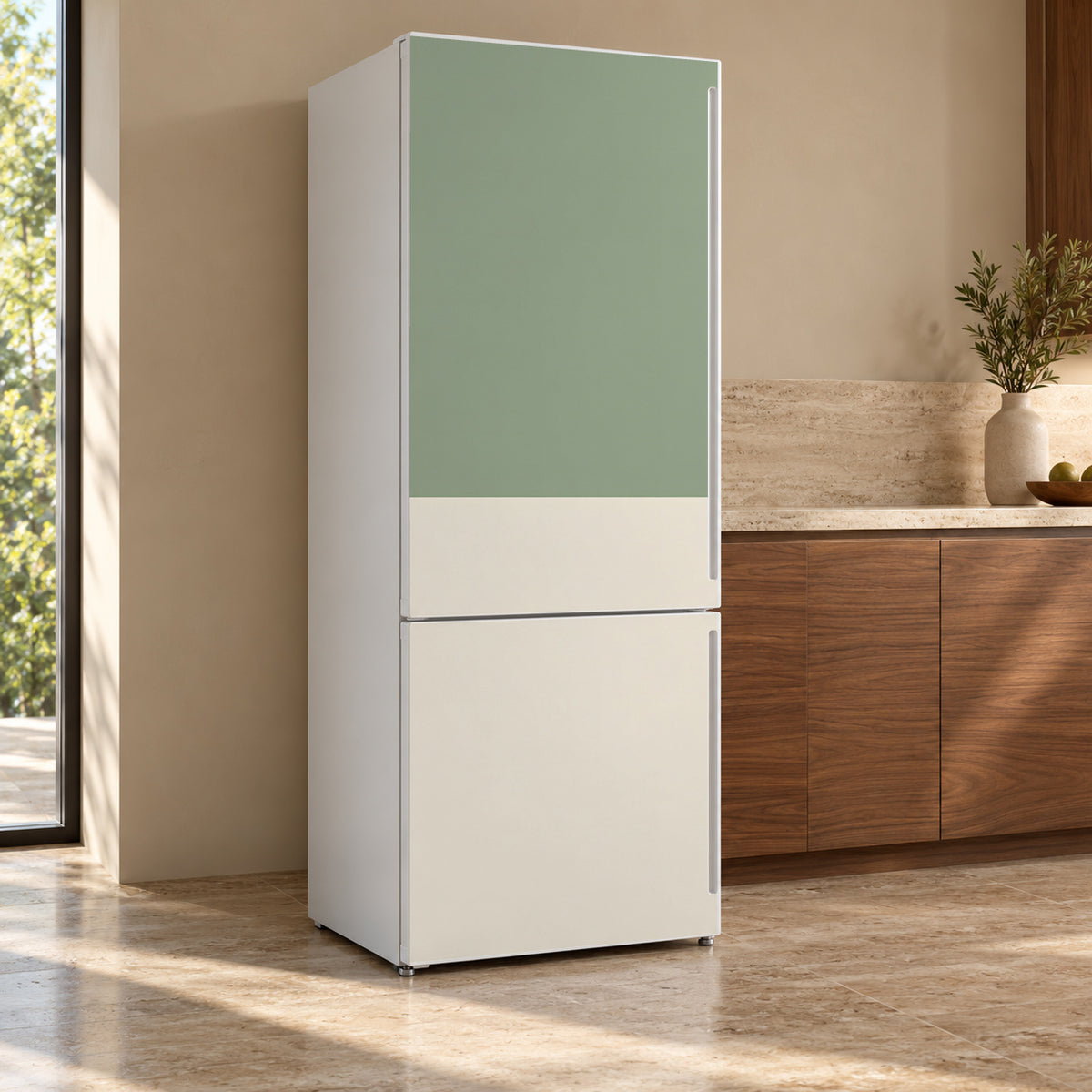 Two-Tone Sage & Cream fridge wrap, refrigerator shown at an angle