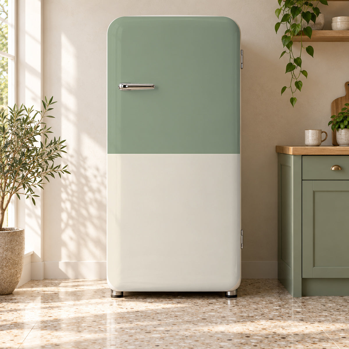 Two-Tone Sage & Cream fridge wrap on a retro refrigerator