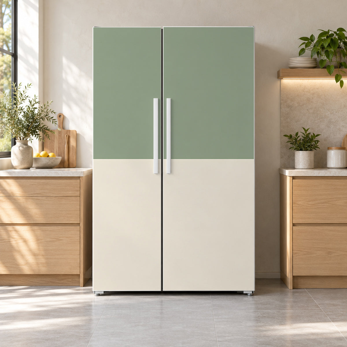 Two-Tone Sage & Cream fridge wrap on a side-by-side refrigerator