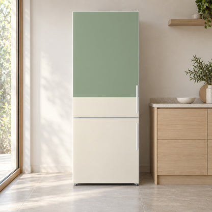 Two-Tone Sage & Cream fridge wrap on a white refrigerator in a bright kitchen
