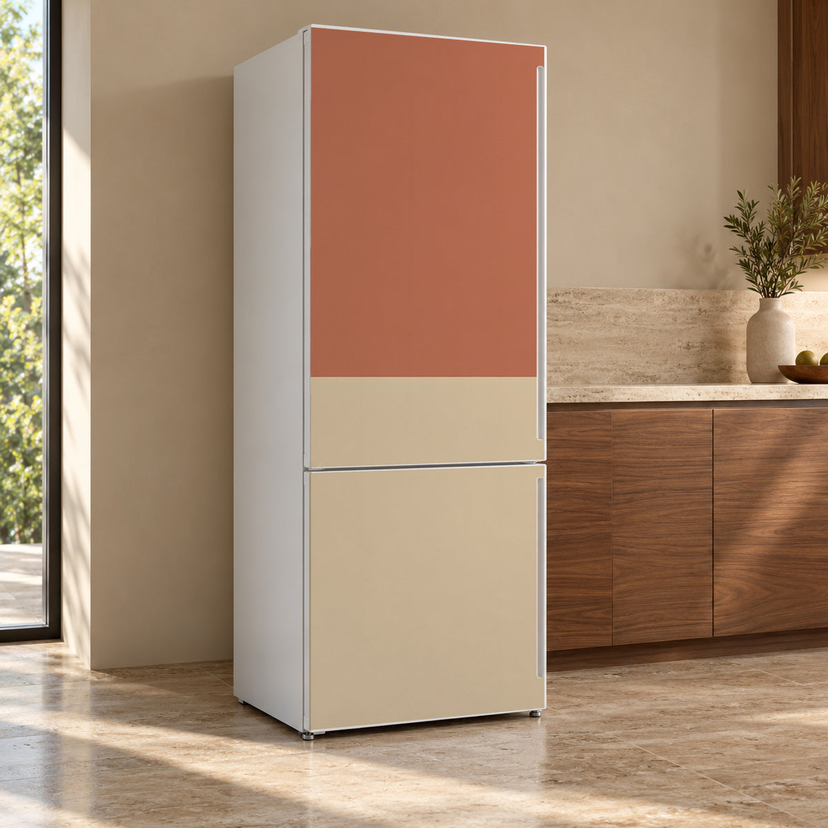 Two-Tone Terracotta & Sand fridge wrap, refrigerator shown at an angle
